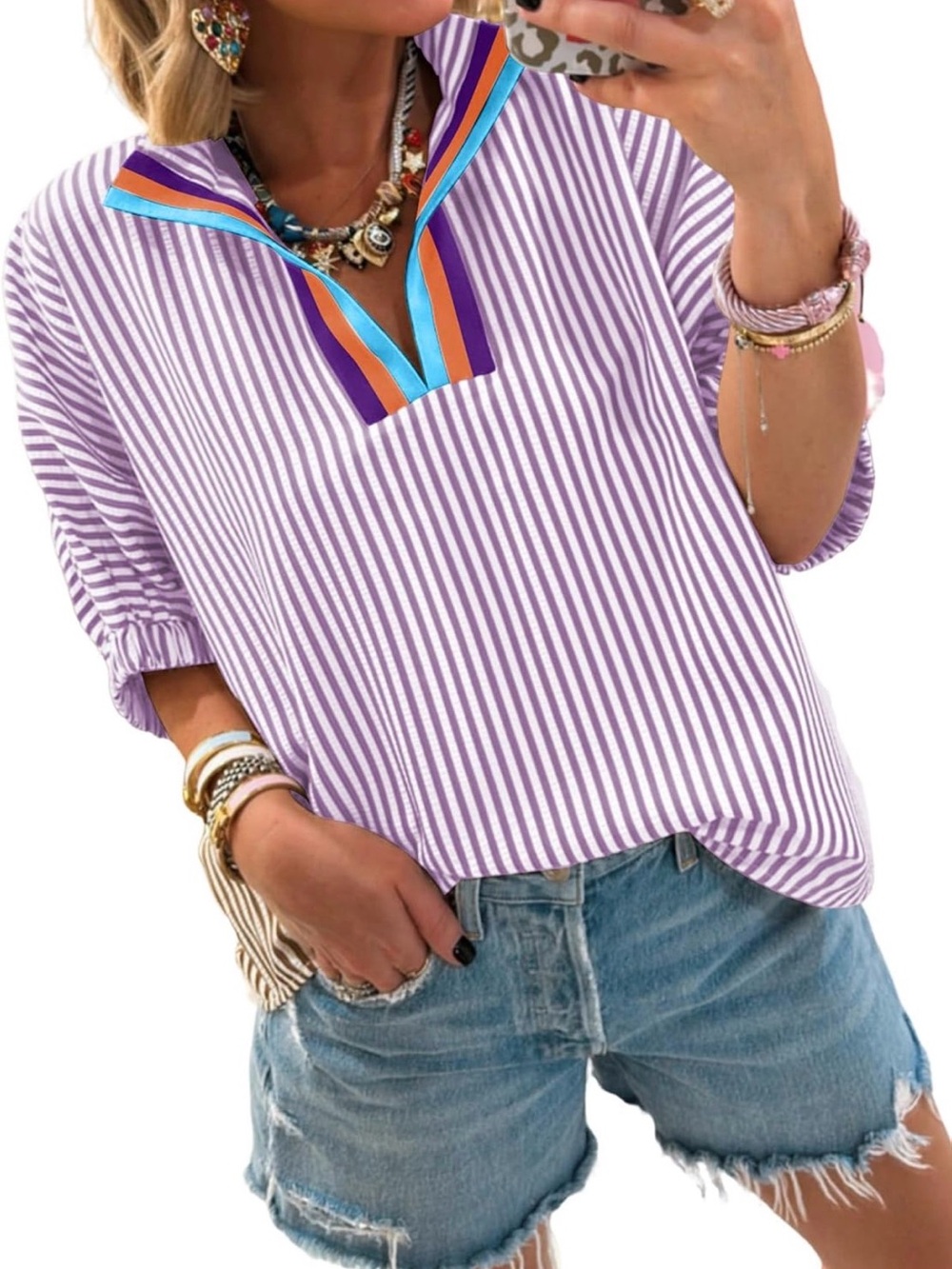 Striped Lavender V-Neck Casual Top with Color-Block Trim - NWT - SM & MED